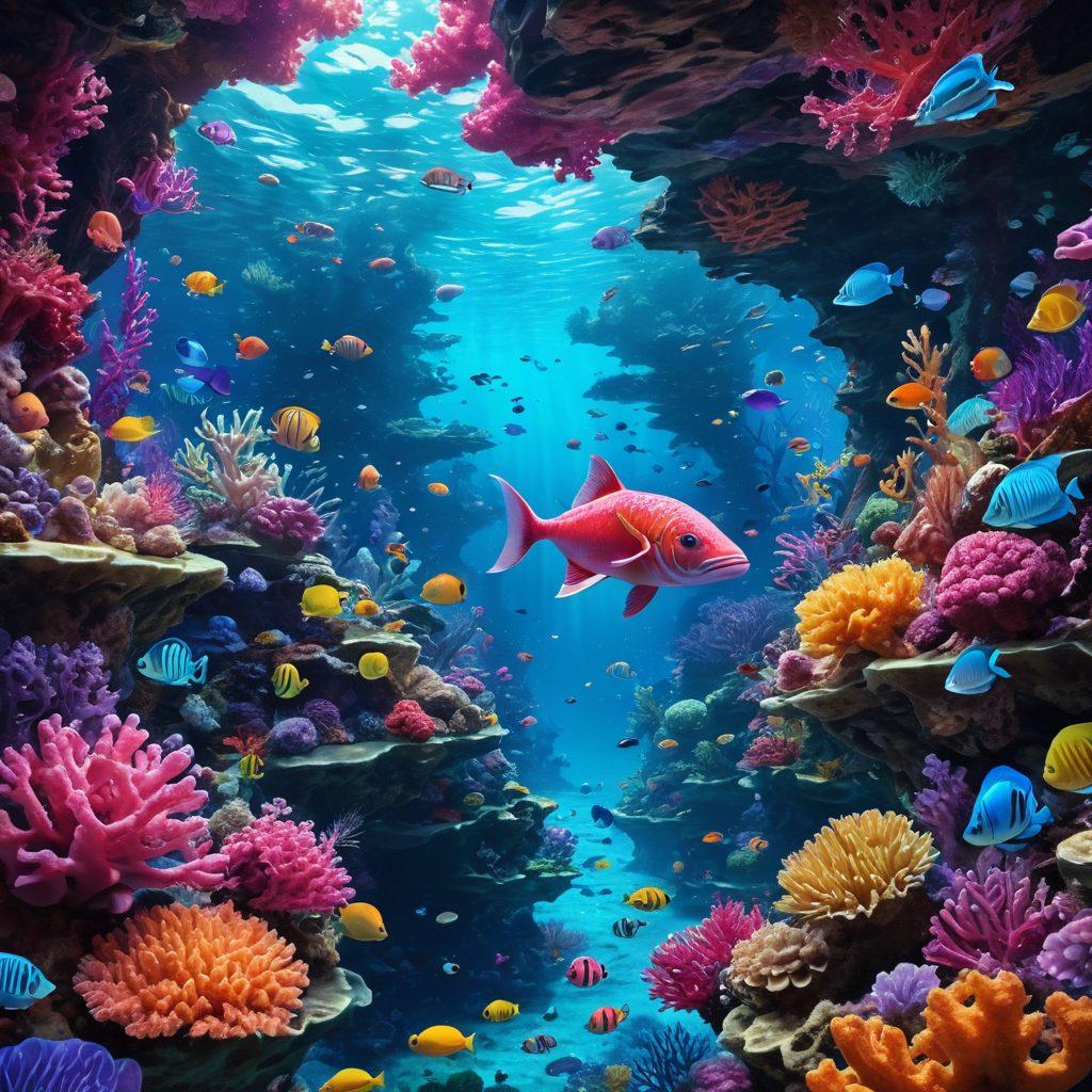 A vibrant and dynamic underwater scene depicting a surreal landscape filled with colorful coral reefs and whimsical sea creatures. Centered in the image, a playful humanoid figure with anime features is exploring this imaginative aquatic world, surrounded by floating review cards and links. The atmosphere is alluring and mysterious, inviting the viewer to dive deeper into the enchanting depths. The color palette includes bright blues, pinks, and purples to create an engaging visual experience. 3D, vibrant colors, surrealism.